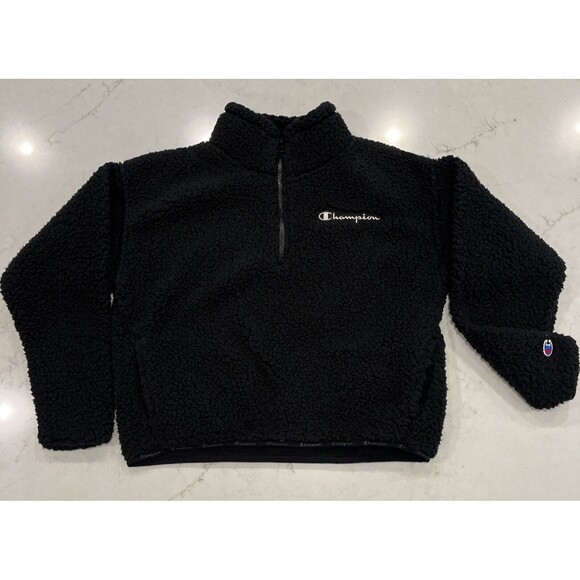 Champion High Pile Sherpa Fleece Crop Sweatshirt 1/4 Zip Pullover Black Small - Picture 1 of 12
